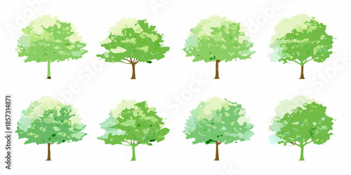 A collection of stylized green trees in different shapes and sizes