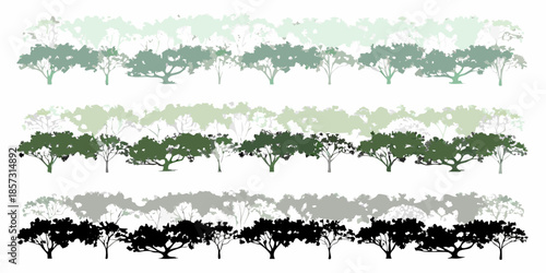 Stylized tree silhouettes arranged in layered bands of varying shades