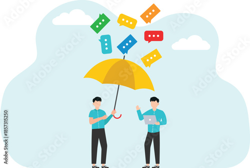 Help in changing thinking and attracting positive emotions, psychological support for finding sources of motivation and inspiration, large hand with an umbrella protects a man from negative emotions.
