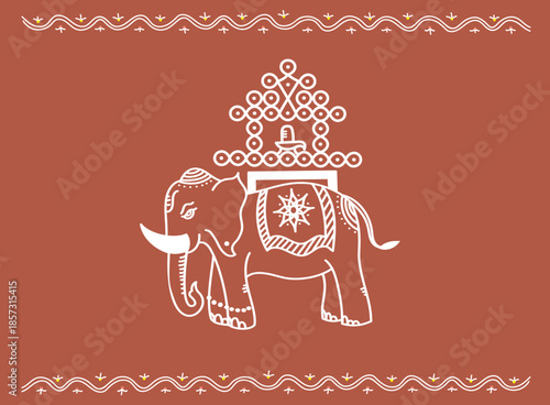 Indian elephant carrying a decorated howdah with Shiva Lingam. Traditional ornate illustration for Mahashivratri, Hindu festival greeting card, yoga and spiritual design.