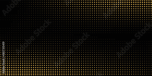 Abstract luxury banner with golden glittering dots on black background. Sparkling glitter bottom border, vector frame. Halftone effect. Magical gold dust. Pop art style backdrop.