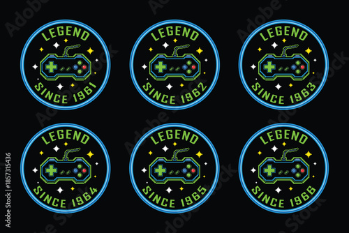 Retro gaming badges with vintage controller designs and legend text