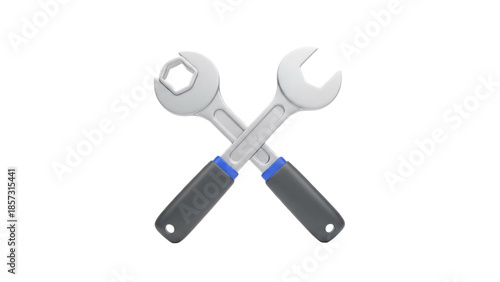3D Two crossed wrenches with grey handles and blue accents on transparent background