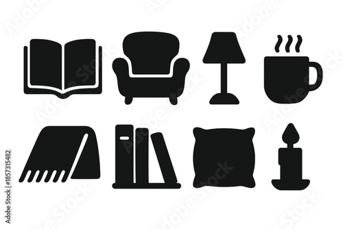 Cozy Reading Icons. Reading in cozy corner. Filled icon set of Reading in cozy corner: open book, armchair,