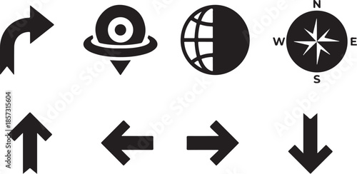 Navigation symbols and icons for direction and travel guidance