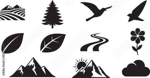 Nature Icons Set with Mountains, Leaves, and Birds Silhouette