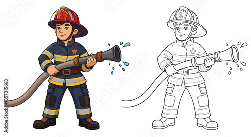 Courageous Protector: A valiant firefighter stands ready, water hose in hand, demonstrating bravery and dedication to duty.