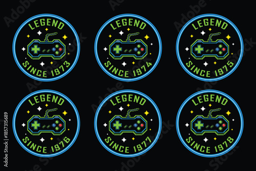 Retro gaming badges with vintage controller designs and legend text