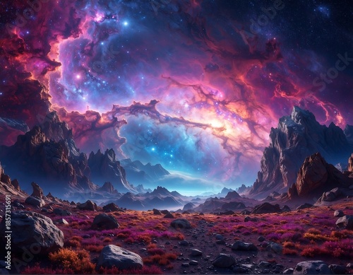 Cosmic panorama depicting mountains and a vibrant nebula
