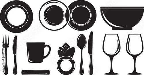 Black and white tableware set with plates and utensils