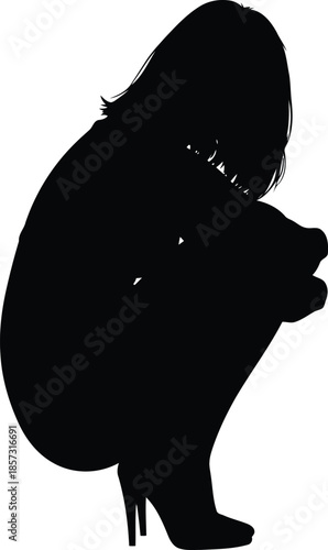 Silhouette of Woman Sitting Alone in High Heels, Isolated Vector Art