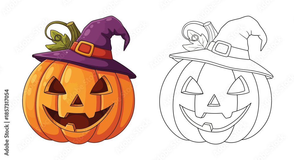 Obraz premium Halloween Pumpkin Illustration: The spirit of Halloween comes alive with a grinning pumpkin sporting a whimsical witch hat, a symbol of playful spooky fun.