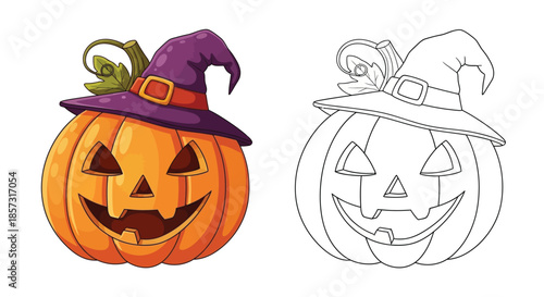 Halloween Pumpkin Illustration: The spirit of Halloween comes alive with a grinning pumpkin sporting a whimsical witch hat, a symbol of playful spooky fun.