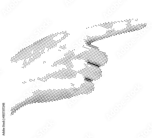 Halftone dotted woman hand pointing finger gesture to the right isolated on white background