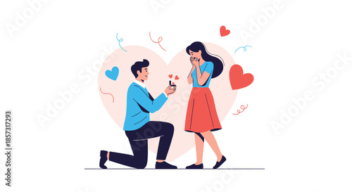 Romantic proposal scene with loving couple surrounded by hearts, perfect for love stories, wedding planning, and relationship goals promotions