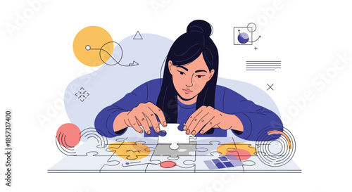 Focused woman completing jigsaw puzzle, finding innovative business solutions and creative ideas, strategy for success, modern design, teamwork concept