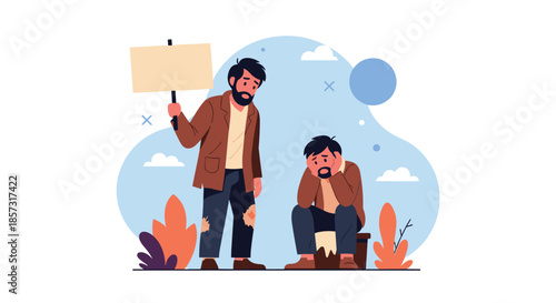 Jobless men seek help, feeling hopeless with empty sign for support during financial crisis, addressing social issues and poverty awareness