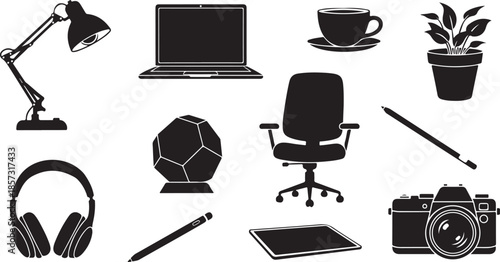 Office and creative workspace silhouette icons