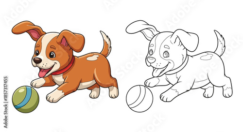 Playful Puppy with Ball: A charming cartoon puppy, bursting with energy and happiness, is captured in a delightful illustration as it enthusiastically chases after a colorful ball.
