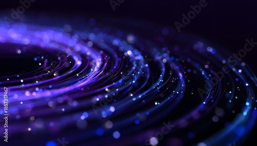 Abstract swirling vortex of luminous purple and blue particles creating a cosmic nebula or galaxy effect with a dark background