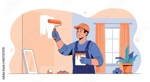 Modern home makeover with painter using roller for interior design updates, creating vibrant living space, a perfect DIY project for a fresh look