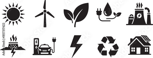 Renewable energy and power icons set