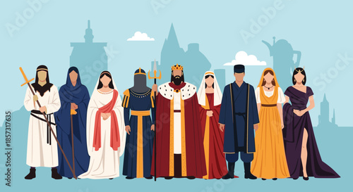 Gather your kingdom's historical figures for a royal decree or period drama showing diverse cultures and traditions in stunning costumes