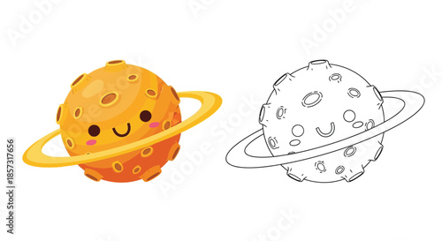 Celestial Friends: Adorable cosmic characters, a jovial planet with a ring system, alongside an outline. Perfect for any space-themed project.