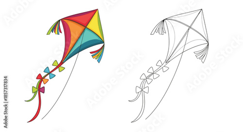 Kite's Colorful Ascent: A vibrant kite soars through the clear air, its colorful diamond-shaped form a symbol of freedom. This illustration offers both a vivid view and a line art version.