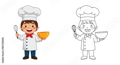 Young Chef in Action: A cheerful young chef stands ready to cook, holding a whisk and a bowl, embodying culinary creativity and enthusiasm in this simple line art illustration.
