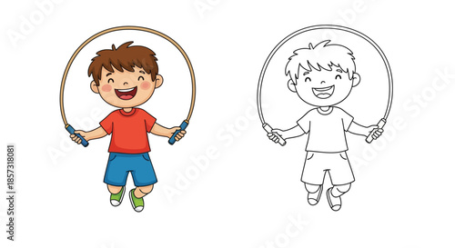 Jumping Rope: A child jumps rope with a rope in his hand, a fun activity for exercising body.