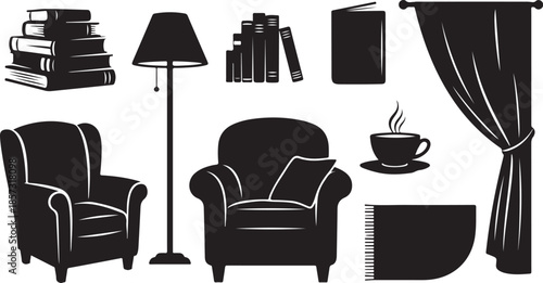 Cozy reading nook silhouette icons set