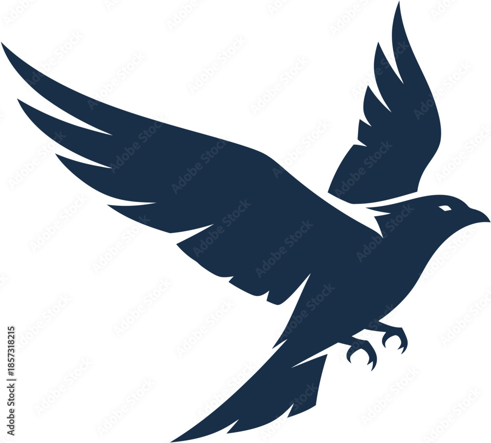 Obraz premium Silhouette of a dark bird in flight with wings outstretched against a white background, symbolizing freedom and nature