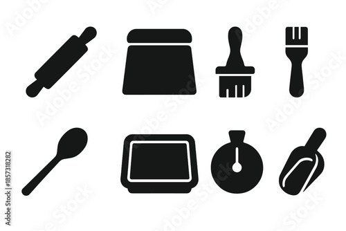 Baking Tools Icons. Baking Tools. Filled icon set of Baking Tools: rolling pin, dough scraper, pastry brush,