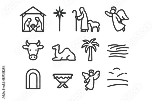 Nativity Icon Silhouette Set. Christmas nativity scene silhouette. Line outline icon set of Christmas nativity