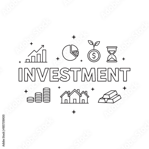 Investment word concept banner with line icons of coins, real estate, gold, and growth charts, vector illustration.
