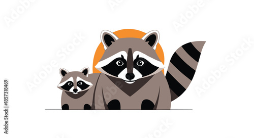 Adorable illustration of a mother raccoon and her cute baby kit sitting together against a simple sun on a white background.