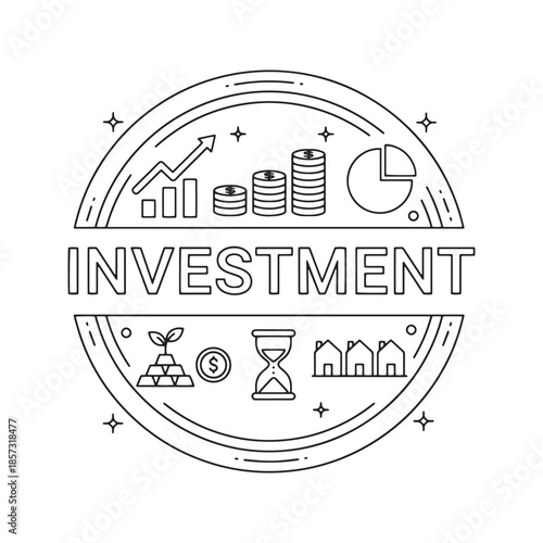 Investment word concept banner with line icons of coins, real estate, gold, and growth charts, vector illustration.
