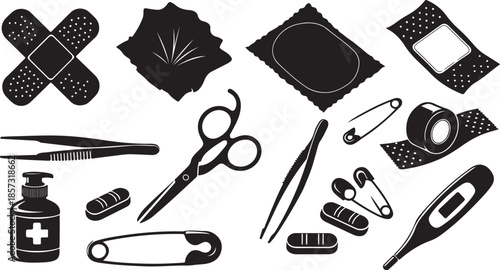 First aid kit supplies icons collection