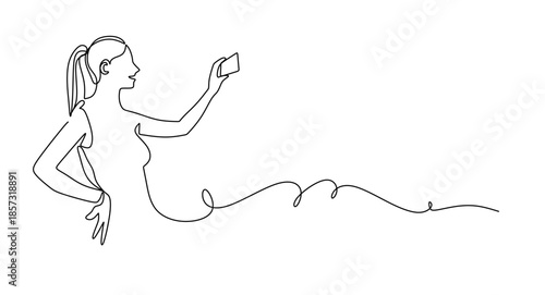 continuous single line drawing of young woman taking a selfie with her smartphone, line art vector illustration