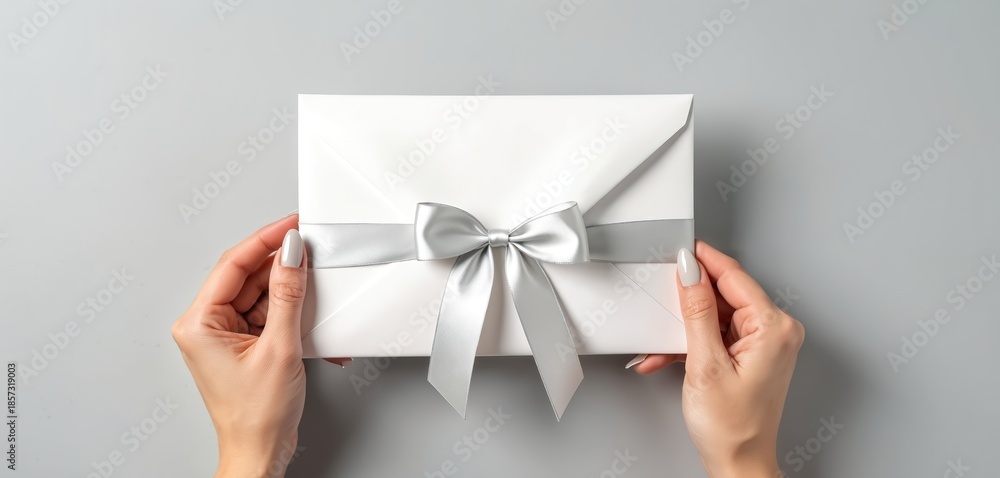 Obraz premium Woman hands hold white envelope with silver ribbon bow. Blank card for message or gift certificate. Empty space for text on light grey background.