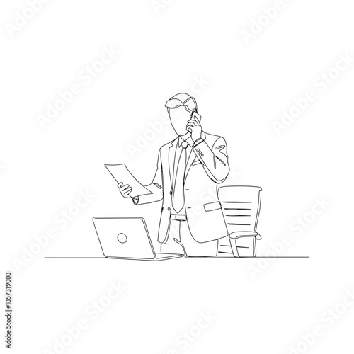 Continuous line drawing of businessman talking on mobile phone and holding document paper while working at office desk with laptop, minimalist vector illustration.
