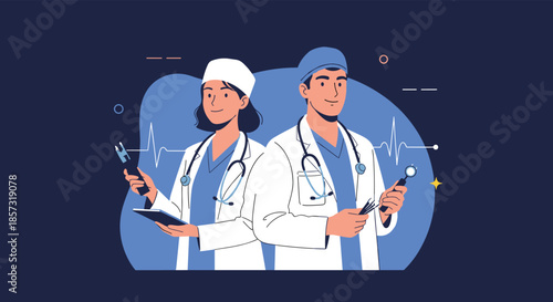 Professional male and female doctors in white coats with stethoscopes and medical tools, representing a healthcare team concept.