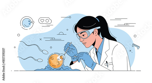 Female scientist in a laboratory conducting in-vitro fertilization, carefully injecting a human egg cell under a microscope.