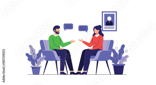 Man and woman engaged in a professional consultation or therapy session, sitting in armchairs and communicating with speech bubbles.