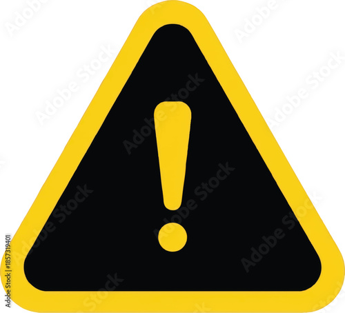 Warning sign with yellow exclamation mark on black triangular background, isolated on white. Universal symbol for danger, caution, alert, hazard, attention, or important information.