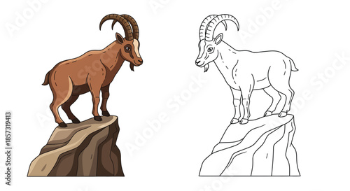 Mountain Goat in Landscape: A mountain goat confidently perched atop a rocky mountain, showcasing its strength and resilience. The image depicts the animal with a distinct horn set. 