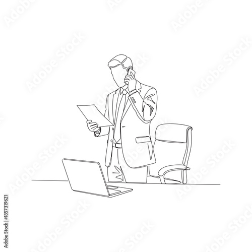 Continuous line drawing of businessman talking on mobile phone and holding document paper while working at office desk with laptop, minimalist vector illustration.
