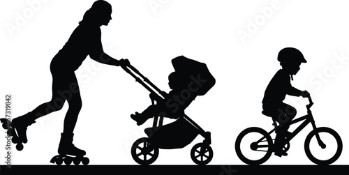Active family silhouettes enjoying outdoor activities, mother roller skating with stroller and child cycling, healthy lifestyle and parenting concept