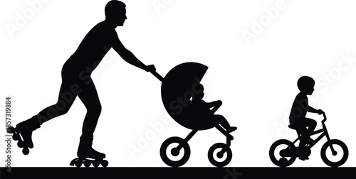 Active father roller skating with stroller while child rides bicycle, outdoor family fitness and parenting lifestyle concept, movement and togetherness